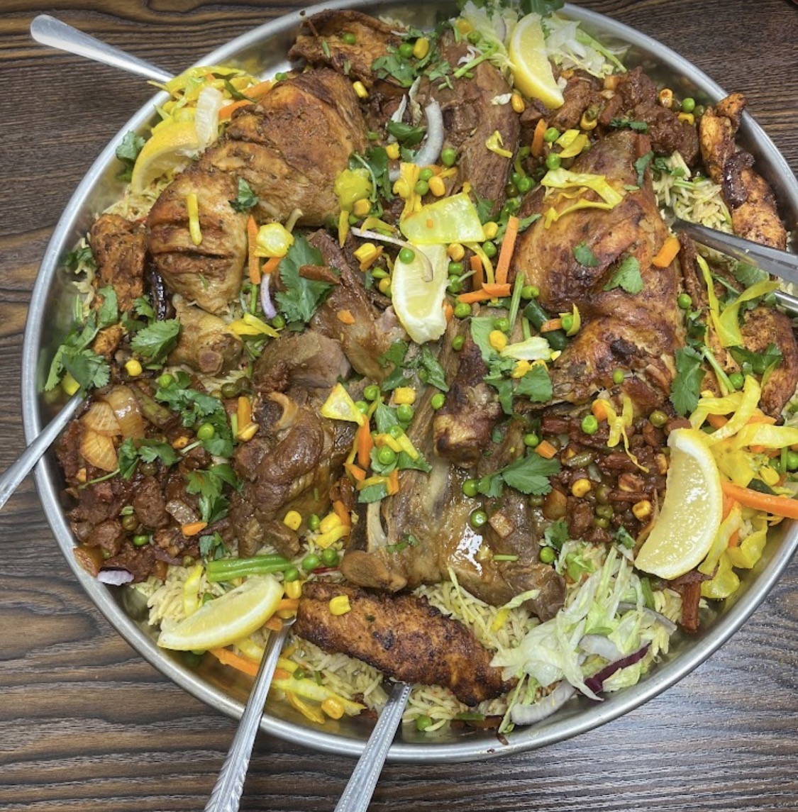 Large East African family platter with rice, chicken and lamb